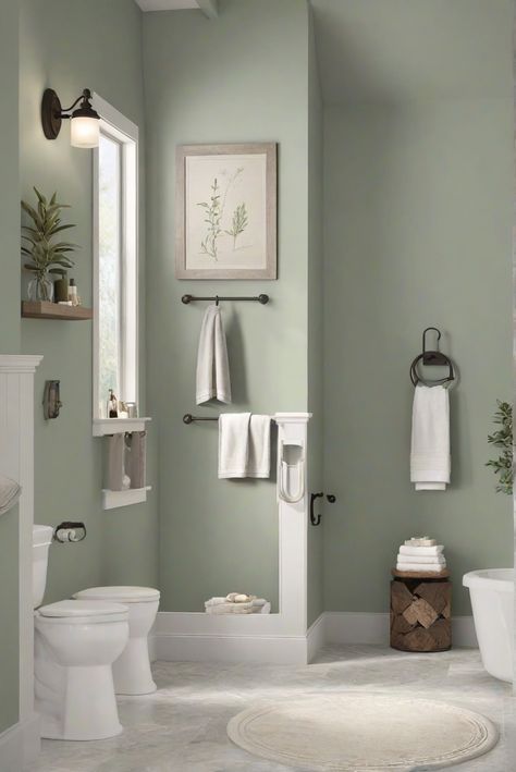 Explore the soothing Sagebrush Green Escape (BM 2141-30) in this 2024 Bathroom Harmony design routine. Find natural harmony in your daily interior designer routine. #Ad #homedecor #homedesign #bathroom #Painthome interiorarchitecture best Wall Colors for Bathroom Colors Bright Room Colors best colors combinations bathroom bathroom Remodeling Modern Paint Colors 2024 Save Green Bathroom, Bathroom Ideas Paint Walls, Small Bathroom Green Paint, Bathroom Color Schemes Green, Neutral Green Bathroom, Green Bathroom Paint Colors, Grey Green Bathroom, Green Paint Bathroom, Green Painted Bathroom