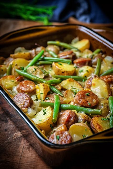 Sausage Green Bean Potato Casserole - That Oven Feelin Country Style Sausage Recipes, Farmers Sausage Meals, Hillshire Farms Smoked Sausage Recipes, Sausage Potatoes Green Beans, Easy Fall Soup Recipes, Sausage Green Bean Potato Casserole, Green Bean Potato Casserole, Smoked Sausage Casserole, Sausage And Green Beans