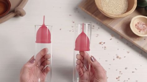 Menstrual Cups 101 - How to Insert A Menstrual Cup How To Insert A Menstrual Cup, Menstral Cup, Menstrual Cup Benefits, Menstrual Cup Folds, Period Stuff, Diva Cup, Period Cup, Visual Puns, Menstrual Cups