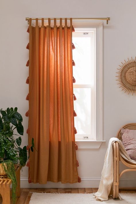 Laura Tassel Room Darkening Window Panel | Urban Outfitters Cortina Boho, Terracotta Bedroom, Cortinas Boho, Bamboo Beaded Curtains, Orange Curtains, Window Curtains Bedroom, Curtain Fringe, Boho Curtains, Inspire Me Home Decor