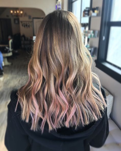 Bronde Balayage With Pink, Pink Balayage Brunette Straight Hair, Pink Baylage Hair Light Brown, Pink Balayage With Bangs, Ash Blonde Pink Balayage, Mushroom Hair, Bronde Balayage, Pink Highlights, Balayage Highlights