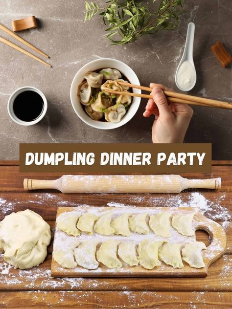 Looking for a great party idea that is unique and your dinner guests can participate in helping make the food? Try a make your own dumplings dinner. Dumplings are the singular best food to make for (and with) a crowd: They're cheap, easy, and beginner-friendly. There is just a little bit of prep work for you and then when guests arrive you can easily make 100 dumplings. Dumpling Making Party, Couples Dinner Party Ideas, Dinner Dumplings, Couples Dinner Party, Dumplings Dinner, Pizza Dinner Party, Dumpling Party, Mexican Dinner Party, Party Ideas Themes