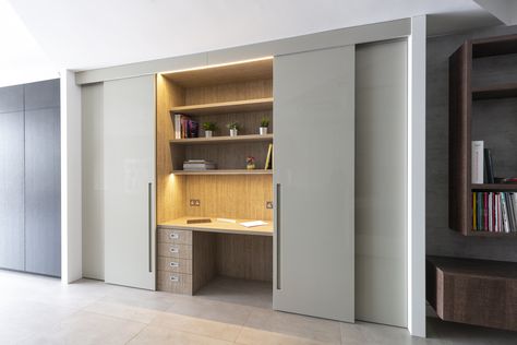 Desk Behind Sliding Door, Built In Office Desk And Cabinets Hidden, Hidden Office In Living Room Built Ins, Concealed Workstation, Hidden Work Desk, Office In A Cupboard, Hidden Study Table In Wardrobe, Hide Home Office, Hidden Office In Bedroom