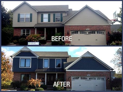 Before & After featuring James Hardie siding installed by Opal Enterprises in Deep Ocean color! Blue Siding Red Brick, Red Brick And Blue Siding Exterior, Blue And Brick House Exterior, Red Brick Homes Exterior Colors, Red Brick And Siding Exterior Colors, Brick And Siding Exterior Combinations, Exterior Updates, Red Brick House Exterior, Exterior House Painting