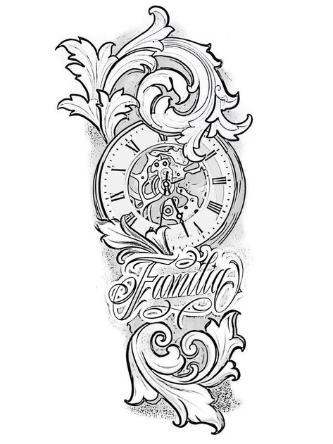 နာရီ Tattoo, Half Sleeve Tattoo Drawings For Men, Clock Half Sleeve Tattoo, Clock Tattoo Design For Men, Clock Tattoo Stencil, Half Sleeve Tattoo Stencils, Animal Sleeve Tattoo, Half Sleeve Tattoos Drawings, Filigree Tattoo