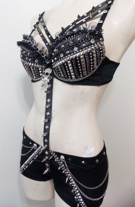 Black Spikes and Chains Rave Outfit Crystal by SugarRoxCouture Skull Outfit, Subculture Fashion, Wrestling Outfits, Spiked Jewelry, Crystal Stone Jewelry, Rave Gear, Jewelry Chains, Edc Outfits, Burlesque Costume