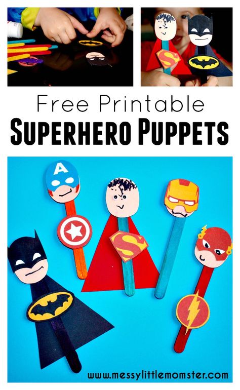 A simple craft stick superhero puppet activity for kids to accompany the LEGO superhero phonics books .  FREE PRINTABLE Batman, Superman, Spiderman, Ironman, Flash, Captain America masks and badges. Hero Crafts, Superman Spiderman, Puppet Craft, Spiderman Ironman, Superhero Crafts, Superhero Classroom, Phonics Books, Craft Sticks, Puppet Crafts