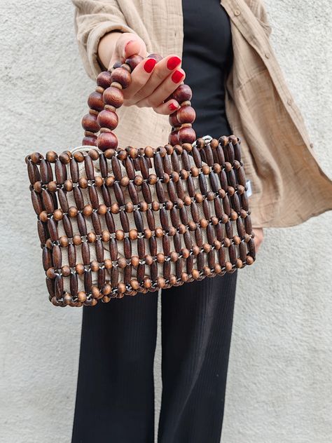 Wooden Bag - Boho Chic Beaded Top Handle Clutch, Summer Beach Accessory, Unique Gift for Her Summer Accessories Beach, Handy Craft, Hand Beaded Bag, Wooden Bag, Top Handle Bags, Beaded Bag, Beaded Top, Unique Gifts For Her, Beaded Bags