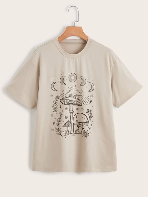 Apricot Casual Collar Short Sleeve Fabric Graphic Embellished Slight Stretch Summer Women Tops, Blouses & Tee Oversized Tee Outfit, Moon Mushroom, Printed Tee Women, Winter Outfits Aesthetic, Mushroom Print, Stylish Hoodies, Aesthetic Shirts, Easy Trendy Outfits, Vibe Clothes