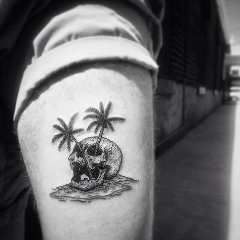 Skull island complete with palm trees Island Skull Tattoo, Beach Skull Tattoo, Skeleton Palm Tree Tattoo, Skull And Palm Tree Tattoo, Skull With Palm Tree Tattoo, Hawaiian Skeleton Tattoo, Skull Palm Tree Tattoo, Tropical Skeleton Tattoo, Tropical Skull Tattoo