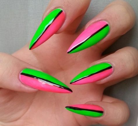 Green Nails Stiletto, Bandana Nails, Pink Stiletto Nails, Fluorescent Nails, Pride Nails, Nails Neon, Neon Green Nails, Nails Stiletto, Stiletto Nails Designs