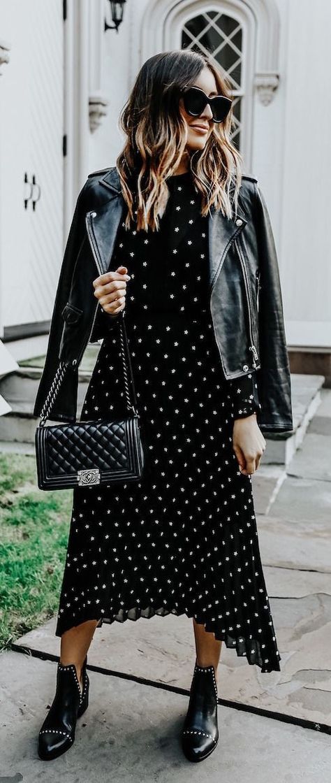 Black and white polka dot dress + leather jacket, black boots, black bag and sunglasses Dot Dress Outfit, Dress Leather Jacket, Outfit Leather Jacket, Leather Jacket Dress, Polka Dots Outfit, Dress Leather, Trendy Skirts, Leather Jacket Outfits, White Polka Dot Dress