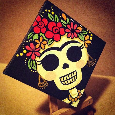 Frida Skull Mini Canvas by My Mayan Colors  Original Art by My Mayan Colors (Ruth Barrera). All images are the sole property of My Mayan Colors and not intended for copy Frida Skull, Halloween Cast, Den Mrtvých, Day Of The Dead Art, Skull Painting, Sugar Skull Art, Halloween Painting, Arte Inspo, Paint And Sip