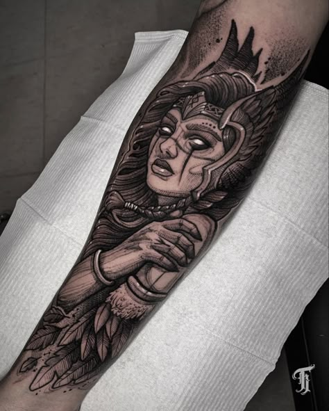 Athena Tattoo, Valkyrie Tattoo, Viking Tattoo Sleeve, Medusa Tattoo Design, Small Shoulder Tattoos, Forarm Tattoos, Stylish Tattoo, Strength Tattoo, Mythology Tattoos