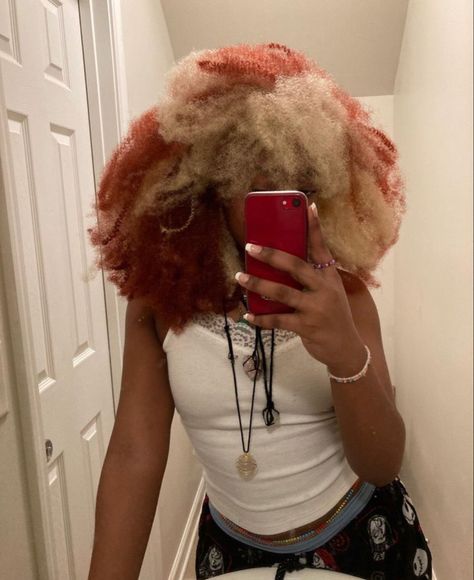 Black And Blonde Afro, Died Afro, Blond Afro Hair Black Women, 4c Colored Hair, Afro Hair Dye Ideas, Ginger Crochet Hair, Colored Afro Natural Hair, Colored 4c Hair, Color 4c Hair