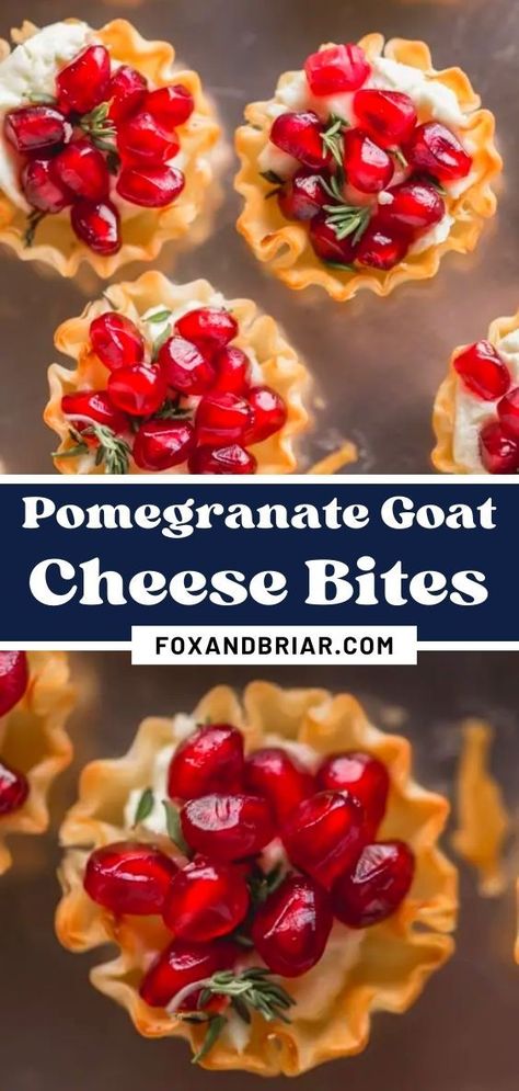 These Pomegranate Goat Cheese Bites with Honey and Thyme are an easy party appetizer that is sure to impress your guests! Perfectly balanced with tangy goat cheese, tart pomegranate arils and a hint of honey, these bite sized holiday party appetizers will disappear in seconds! Pomegranate Appetizer Recipes, Pomegranate Goat Cheese, Goat Cheese Cranberry Appetizer, Thanksgiving Appetizers Pomegranate, Appetizers With Pomegranate Seeds, Puff Pastry Goat Cheese Appetizers, Pomegranate Appetizer, Pomegranate Recipes Appetizer, Easy Holiday Party Appetizers