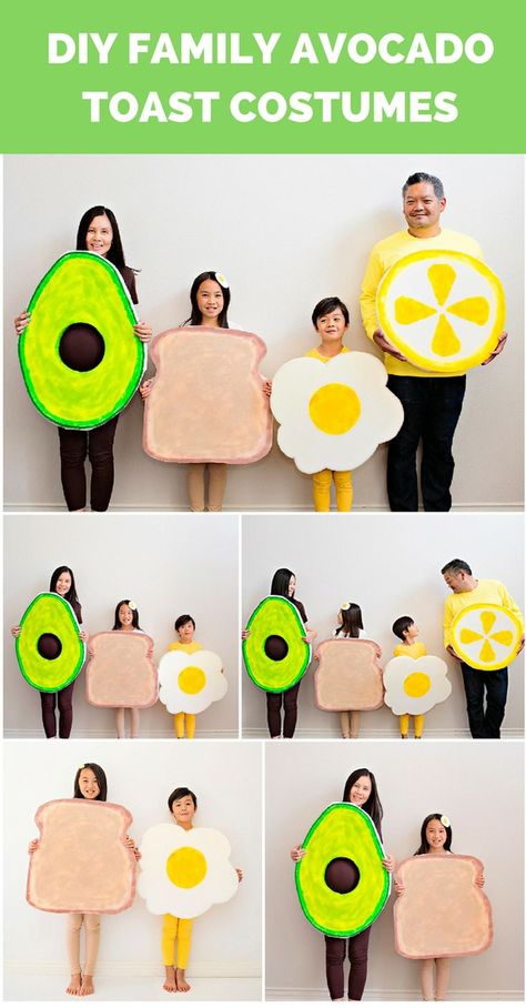 DIY Family Avocado Toast Costumes. Get the DIY to make these cute avocado, toast, egg, and lemon costumes. Cute siblings costumes or maternity pregnancy costume (Avocado). Siblings Costumes, Cute Siblings, Avocado Costume, Toast Egg, Egg Costume, Sibling Costume, Kids Holidays, Pregnancy Costumes, Avocado Toast Egg