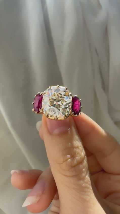 Wedding Ideas For Second Marriage, Engagement Ring With Ruby, Ring With Ruby, Radiant Ring, Old Mine Cut Diamond, Bling Wedding, Engagement Ring Diamond Cut, Yellow Gold Setting, Bling Rings