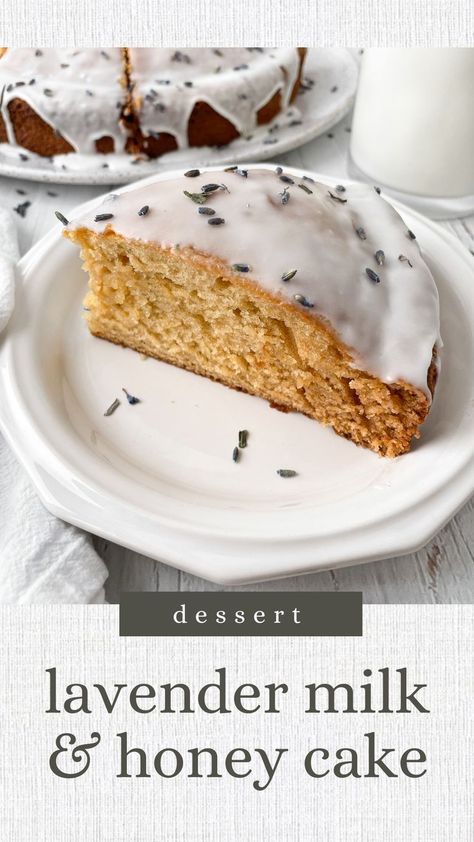 Litha Cake Recipe, Honey Lavender Cake Recipe, Dessert With Flowers, Healthy Honey Desserts, Milk And Honey Cake, Chamomile Dessert, Lavender Food Recipes, Herbal Desserts, Honey Dessert Recipes