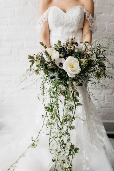 Emerald Green Inspired Bridal Inspo #wedding #weddingideas #weddinginspiration Flower Aesthetics, Green Wedding Bouquet, Cascading Wedding Bouquets, Monochromatic Color Palette, Emerald Green Weddings, Green Bouquet, Winter Wedding Flowers, Cascade Bouquet, Emerald Wedding