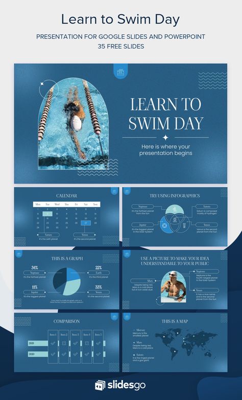 Cover Page Template Word, Teach Kids To Swim, Swimming Lessons For Kids, Slideshow Design, Blue Template, Swimmers Life, Swim School, Slides Design, Slide Background