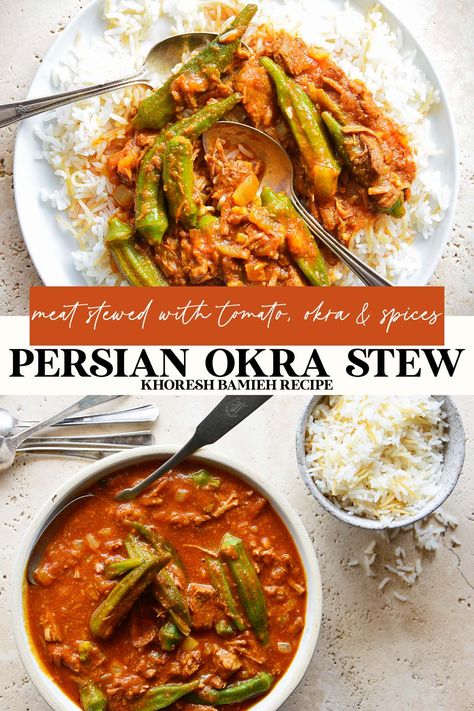 Persian Okra Stew (Khoresh Bamieh) Beef And Okra Recipes, Persian Okra Stew, Iraq Food Recipes, Persian Dishes Recipes, Adasi Persian, Recipes With Okra, Okra Recipes Healthy, Bamieh Recipe, Koshary Egyptian