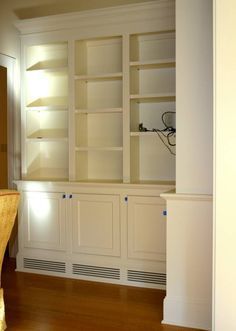 cold air return vent beneath built-ins Dining Room Built Ins, Baseboard Heater Covers, Baseboard Heating, Built In Shelves Living Room, Air Return, Baseboard Heater, Living Room Built Ins, Narrow Hallway Decorating, Built In Cabinet