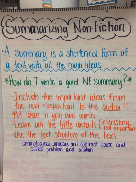 Summary Nonfiction, Nonfiction Anchor Chart, Summarizing Fiction, Summarizing Nonfiction, Story Summary, English Comprehension, Persuasive Speech, Writing Prompts Romance, Classroom Helpers