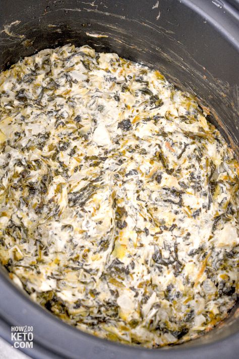 Slow Cooker Spinach Artichoke Dip - How 2 Do Keto Slow Cooker Spinach Artichoke Dip, Spinach Cream Cheese, Keto Creamed Spinach, Dip Recipes Hot, Keto Sides, Keto Side Dishes, White Bowl, Creamed Spinach, Chopped Spinach