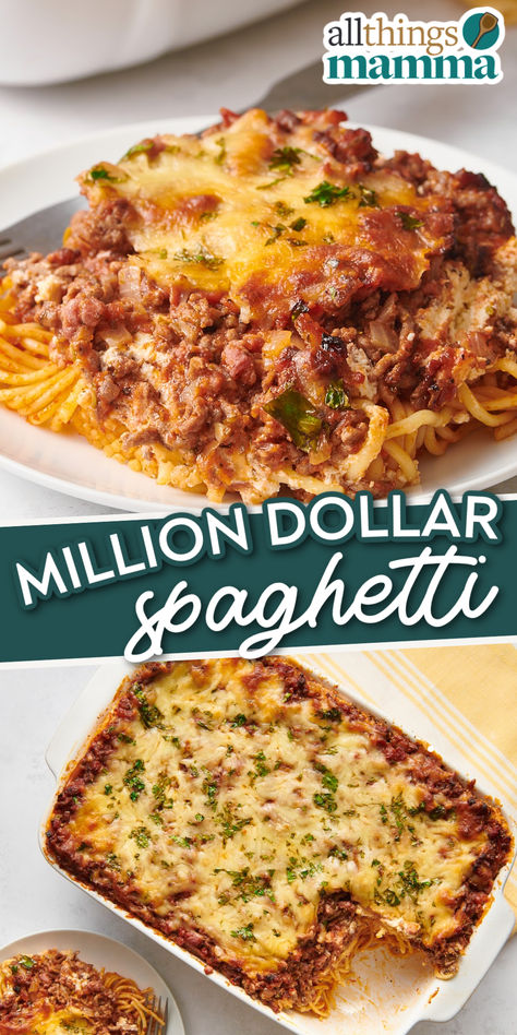 collage image showing Easy Million Dollar  Spaghetti served in a casserole dish and another image of a serving sitting on a white round plate. Easy Million Dollar Spaghetti, Million Dollar Spaghetti Recipe, Sausage And Pasta, Baked Spaghetti Casserole, Million Dollar Spaghetti, Ground Pork Recipes, Party Bites, Food Pasta, Spaghetti Recipe