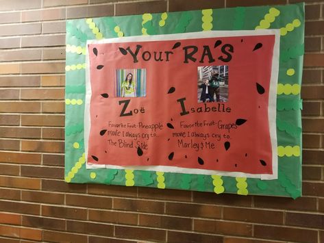 Watermelon meet your RAs ♡ #UORiley3rdfloor Ra Bulletins, Ra Bulletin Boards, Marley And Me, Bulletin Boards, Watermelon, Grapes, Fruit