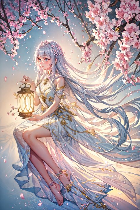 "Step into a serene twilight realm with our digital painting featuring a silver-haired maiden in a cherry blossom forest. Her ethereal beauty, accented by a soft glow of lantern light and fireflies, embodies tranquility. Perfect for adding a touch of elegance and fantasy to your space." Cherry Blossom Forest, Twilight Realm, Enchanted Characters, Stunning Wallpapers, Anime Wallpapers, Ethereal Beauty, Lantern Lights, Digital Painting, Cherry Blossom