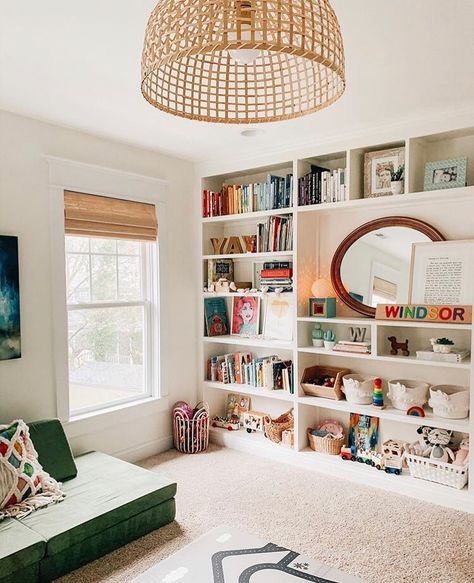 Playroom Nugget Ideas, Open Concept Living Room And Playroom, Playroom Bookshelf Styling, Closed Storage Playroom, Open Shelving Toy Storage, Nugget Couch Playroom, Playroom Bookcase, Nugget Playroom, Tiny Playroom