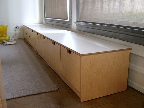 Like the idea of a bench with storage. Plywood Storage Bench, Banquette Diy, Bench Cabinet, Under Seat Storage, Plywood Storage, Bench Sofa, Sofa With Storage, Storage Idea, Window Benches