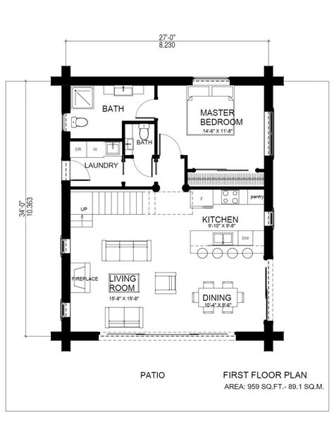 Horseshoe Bay Log Cabin Alternate Floor Plan - North American Log Crafters 24×32 Cabin Plans, Tiny Cabin Floor Plans One Level, 24x30 House Plans With Loft, One Room Cabin Plans, Log House Plans, Log Cabin House Plans, Log Cabin House, One Bedroom Cabin, Cabin Plan