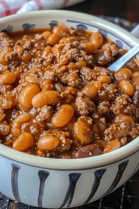 Cowboy Baked Beans - An Organized Chaos Baked Cowboy Beans, Country Style Baked Beans, Easy Cowboy Beans With Hamburger, Best Cowboy Beans Recipe, Baked Beans With Beef, Dutch Oven Cowboy Beans, Crockpot Brown Beans, Cowboy Beans Stovetop, Cowboy Baked Beans With Hamburger