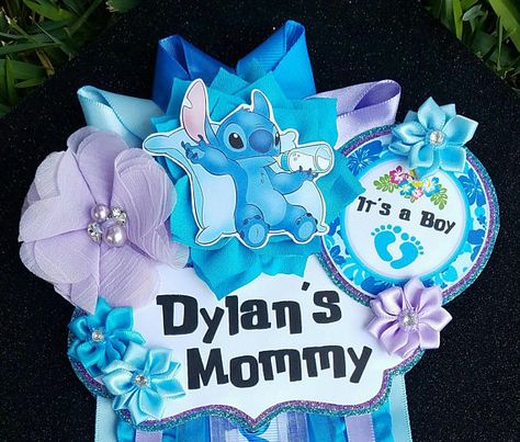 Baby Boy Stitch Themed Mommy To Be Baby Shower Corsage Stitch Baby Shower Theme Boy, Stitch Baby Shower Theme, Baby Shower Badge, Boy Baby Shower Ideas, Unusual Baby Names, Disney Baby Shower, Baby Shower Corsage, Mommy To Be, Have A Shower