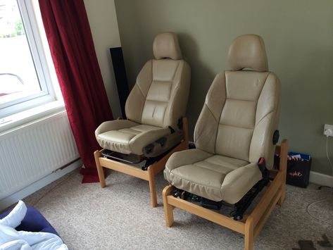 Home made car seat chairs. So comfy Man Cave Sofa, Ikea Armchair, Garage Furniture, Car Chair, Car Part Furniture, Automotive Furniture, Car Furniture, Best Office Chair, Diy Couch