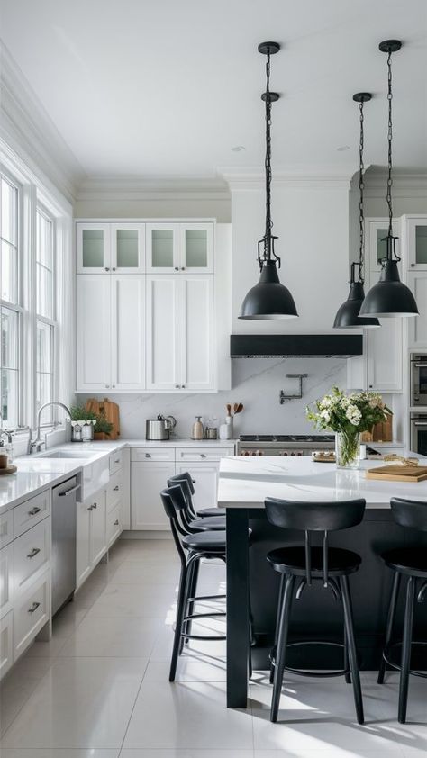 White Kitchen Ideas with Black Hardware: Top 20 Inspirations Black Kitchen White Floor, White Kitchen Black Accents, White And Black Kitchen Design, White Kitchen Black Handles, Kitchen Black Handles, Kitchen Black Hardware, White Kitchen With Black Hardware, White Kitchen Black Island, Black And White Cabinets