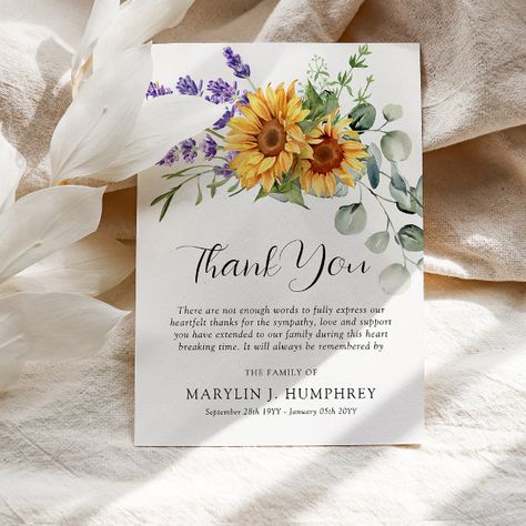 Fall Sunflower, Lavender & Eucalyptus Sympathy Thank You Card Sympathy Thank You Notes, Sympathy Thank You Cards, Lavender Eucalyptus, Sympathy Quotes, In Remembrance, Yellow Sunflowers, Custom Thank You Cards, Eucalyptus Greenery, Sunflower Design