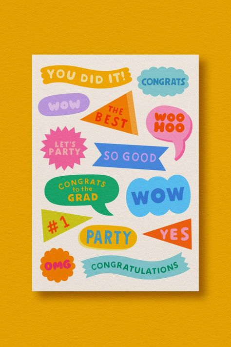 Greeting card design featuring multiple colourful shapes like banners, stars and speech bubbles with text reading 'you did it', 'wow' and 'congratulations. The card is on a warm yellow background. Congratulations Greetings, Graphic Design Styles, Page Layout Design, Graphic Design Cards, Grad Cards, Congrats Card, Stationery Inspiration, 카드 디자인, Greeting Card Illustration