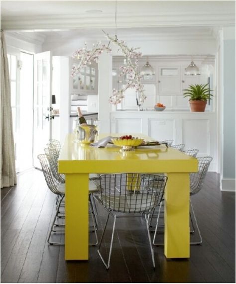 Yellow Yellow Dining Room, Grey Dining Room, Yellow Table, Grey Dining, Dining Room Table, Kitchen Dining Room, Home Interior, Table And Chairs, Nook