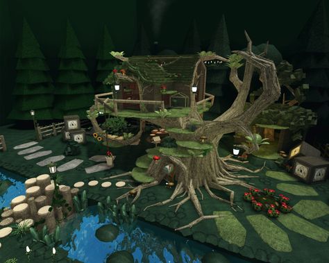 Bloxburg Courtyard, Fantasy Bloxburg House, Bloxburg Enchanted Forest, Bloxburg Cave Ideas, Bloxburg Forest Ideas, Bloxburg Terrain, Blox Burg Ideas, Tree House Bloxburg, Custom Tree Bloxburg