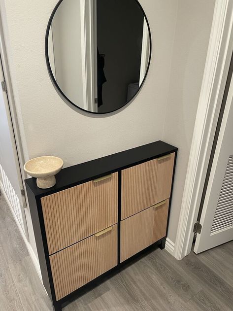 Made Some Changes To The Ställ Ikea Hemnes Cabinet, Ikea Shoe Storage, Ikea Hemnes Shoe Cabinet, Hemnes Shoe Cabinet, Ikea Shoe Cabinet, Gold Pulls, Ikea Entryway, Japandi Home Decor, Shoe Cabinet Entryway