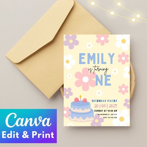 Flower Birthday Invitation for One year Old Baby Girl Floral Theme Party, Flower First Birthday, Floral Party Theme, Flower Birthday Invitations, Flower Birthday, Sweet Cake, Invitation Floral, First Birthday Invitations, Girl First Birthday