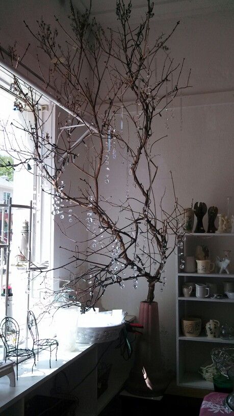 Branches On Wall Decor, Crystals Hanging From Trees, Branches In Bedroom, Large Tree Branch Decor, Diy Tree Branch Decor With Lights, Hanging Branches From Ceiling, Tree Branch Light, Make A Mood Board, Tree Branch Chandelier