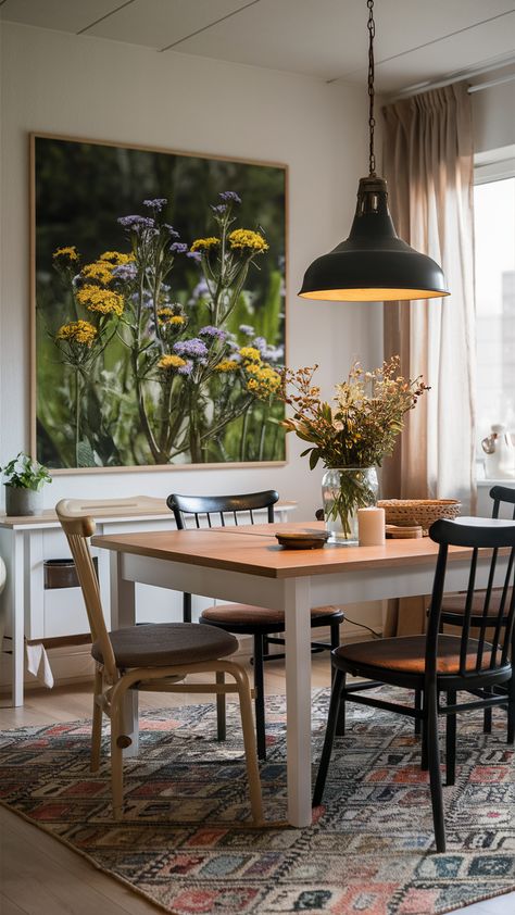 Transform your dining area into a welcoming haven with a stunning centerpiece of wildflowers! Styled on an elegant INGATORP dining table paired with chic NORDMYRA chairs, this setup is perfect for both casual meals and special gatherings. The addition of a statement STOCKHOLM rug adds personality, while a pendant lamp casts a warm, inviting glow over the scene. Discover how to create this elegant atmosphere that brings nature indoors and enhances every dining experience. Click to explore more styling tips! #DiningDecor #WildflowerCenterpiece #IKEAStyle #HomeStyling #ElegantDining #InteriorDesign #TableSetting Stockholm Rug, Ikea Style, Wildflower Centerpieces, Nature Indoors, Elegant Dining, Dining Decor, Styling Tips, Dining Experience, The Scene