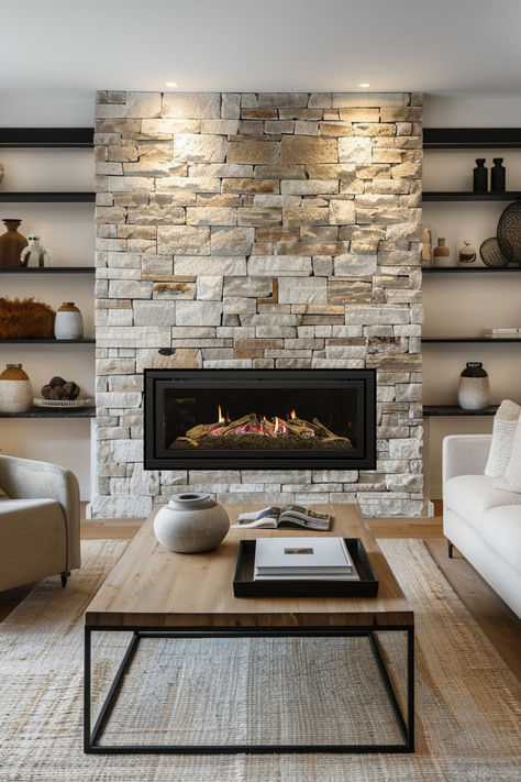 Transform your home into a cozy haven with a stunning stone fireplace! Combining the timeless charm of stone with the modern efficiency of a Coonara fireplace creates a perfect blend of tradition and contemporary style. Explore these stone fireplace ideas and see how Coonara can enhance both traditional and modern settings. Drystack Stone Fireplace, Coonara Fireplace, Fiji House, Cultured Stone Fireplace, Stone Fireplace Ideas, Farmhouse Fireplace Ideas, Stove Wall, Fireplace Modern Design, Brick Feature Wall