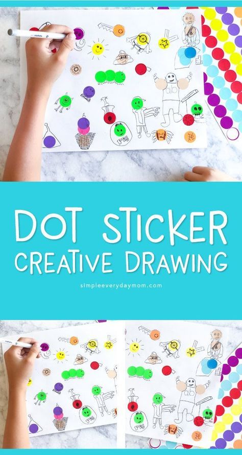 Dot Sticker Kids Drawing Idea | This easy activity for children is a fun way for kids to use their imagination and creativity. It's a great boredom buster and is virtually no free!     #drawing #kidscrafts #craftsforkids #kidsactivities #art #ideasforkids Kids Drawing Activities, Dot Art Drawing Ideas, Dot Art Drawing, Kindergarten Drawing, Art Drawing Ideas, Drawing Videos For Kids, Kids Canvas Art, Free Drawing, Easy Drawings For Kids