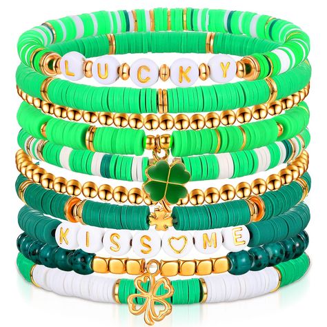 PRICES MAY VARY. Irish Decoration: our package includes 10 pieces St. Patrick's Day clay bracelets with different designs, have classic clover, golden beads, lucky and more elements; Ideal for St. Patrick's Day, display, birthday, add more character to your costume Comfortable Materials: our Irish polymer clay bracelets come in 2 materials, quality vinyl and polymer clay beads, which are light and strong, you can stack these St. Patrick's Day y2k bracelets without feeling heavy; All the lucky he Y2k Bracelets, Clay Bracelets, Holiday Bracelets, Preppy Bracelets, Bracelet Packaging, Irish Decor, Polymer Clay Bracelet, Golden Beads, Surfer Bracelets